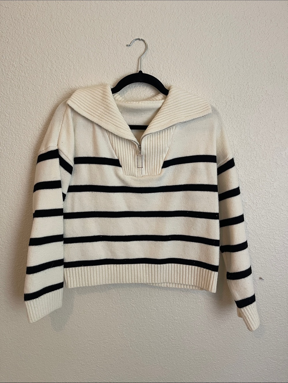 Amazon Ivory and Black Striped Cowl Half-Zip Sweater